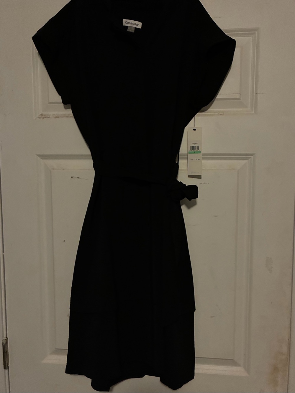 Calvin Klein Black Midi V-Neck Belted Dress